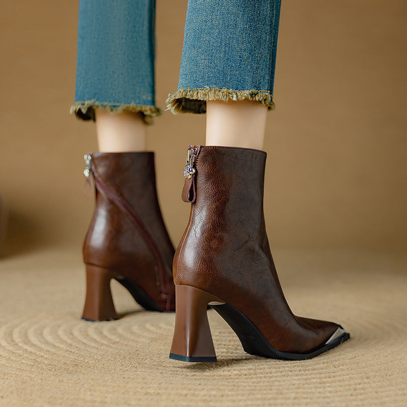 Priya Leather Ankle Boots – Metallic Toe Flared Heel Footwear