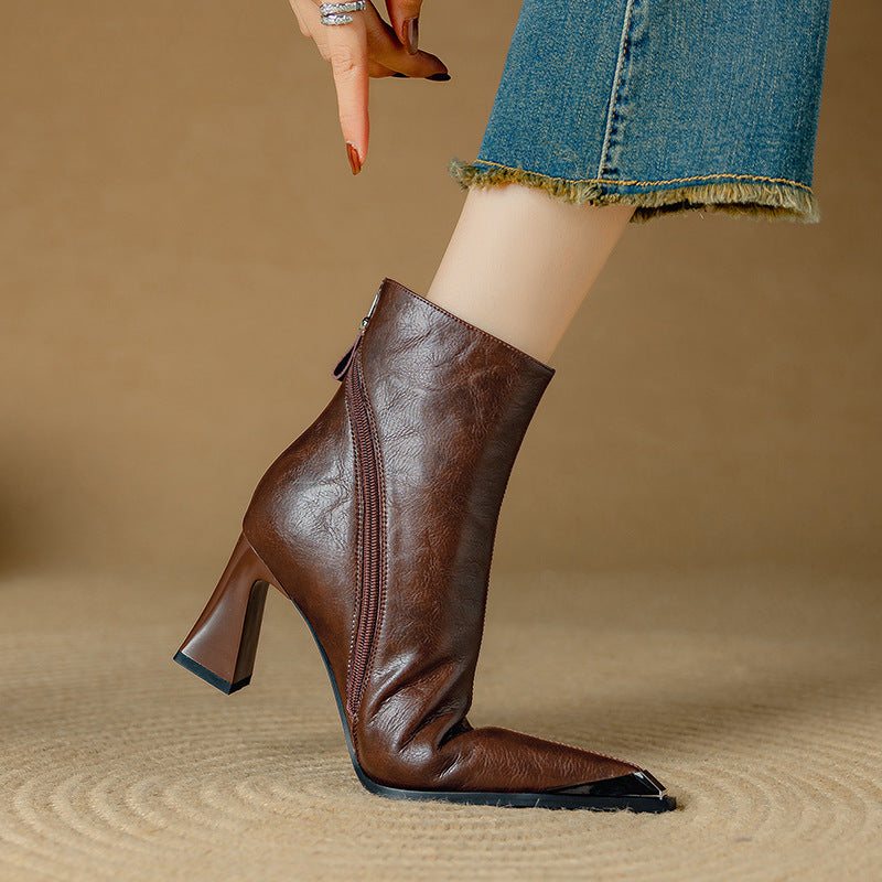 Priya Leather Ankle Boots – Metallic Toe Flared Heel Footwear