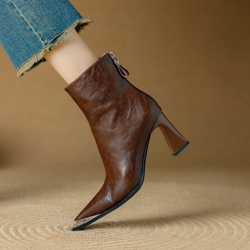 Priya Leather Ankle Boots – Metallic Toe Flared Heel Footwear