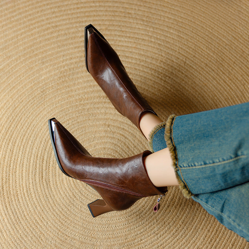 Priya Leather Ankle Boots – Metallic Toe Flared Heel Footwear