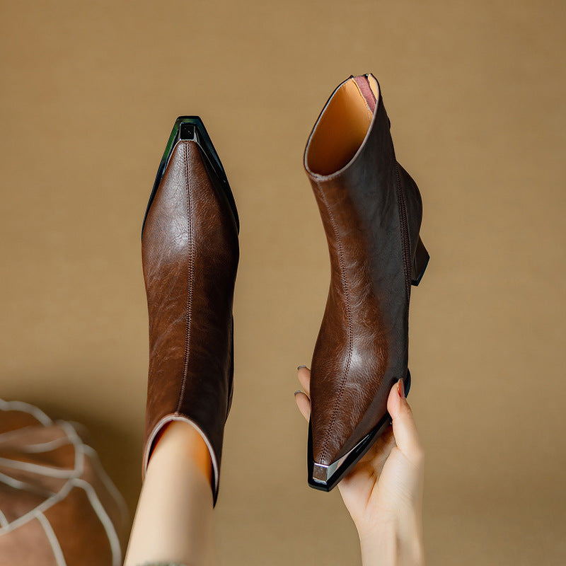 Priya Leather Ankle Boots – Metallic Toe Flared Heel Footwear