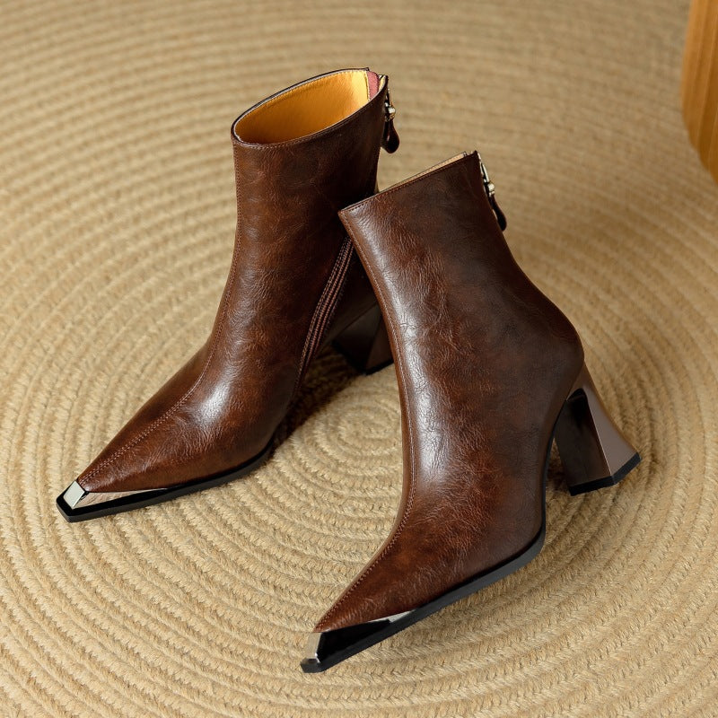 Priya Leather Ankle Boots – Metallic Toe Flared Heel Footwear