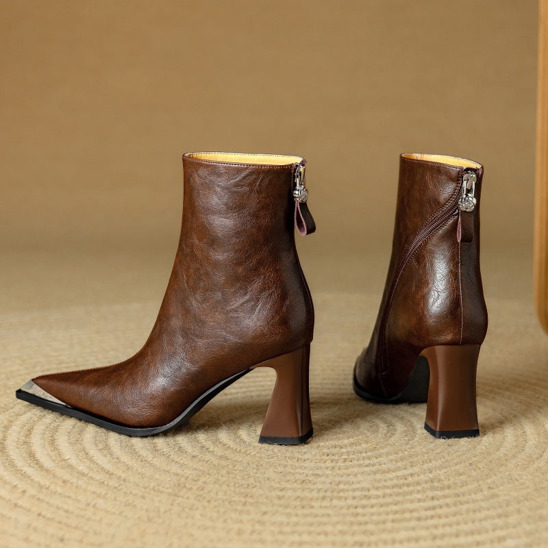 Priya Leather Ankle Boots – Metallic Toe Flared Heel Footwear