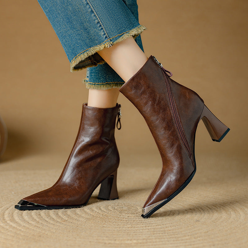 Priya Leather Ankle Boots – Metallic Toe Flared Heel Footwear