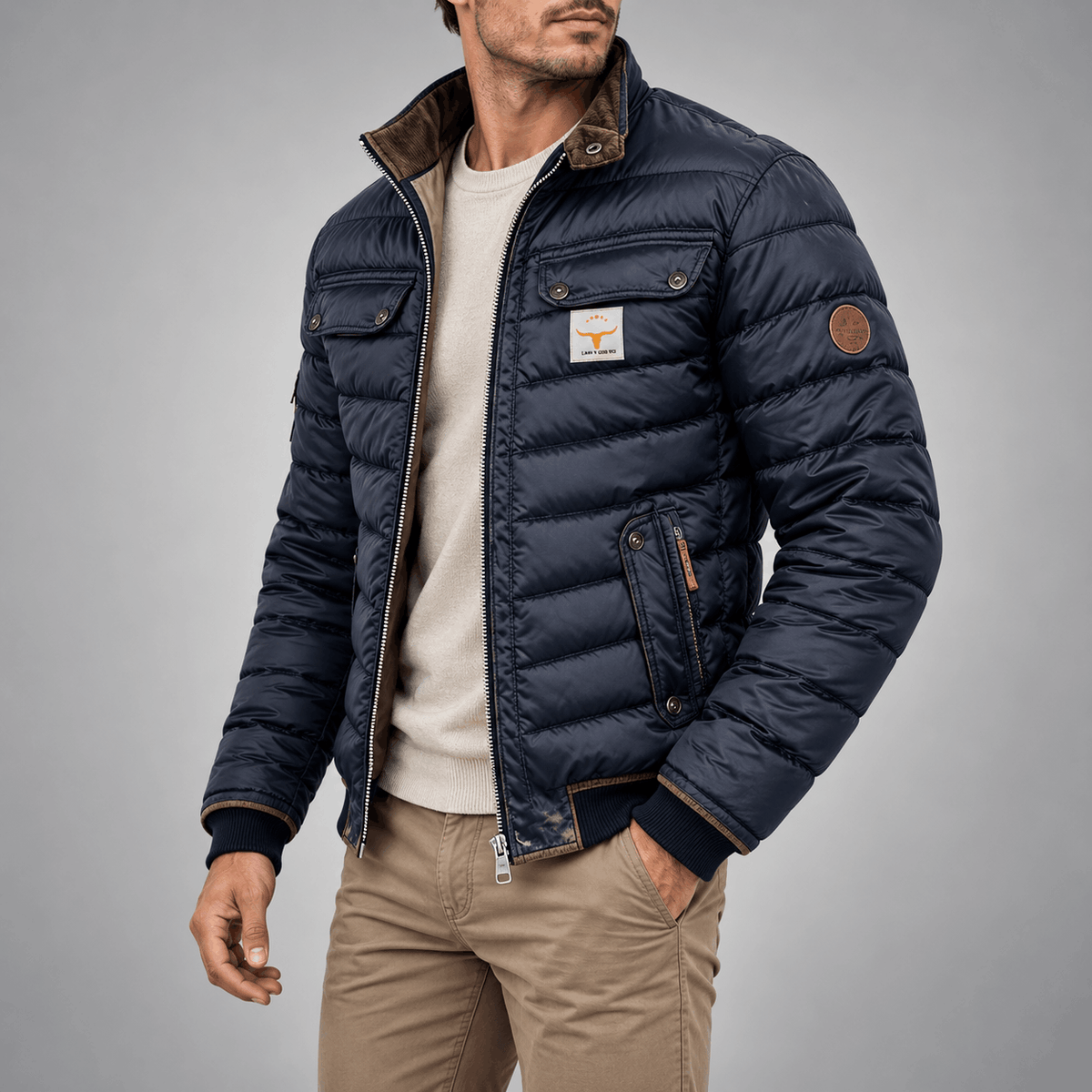 Navy blue quilted puffer bomber jacket with a contrast stand collar, snap-flap chest pockets, and ribbed trim.