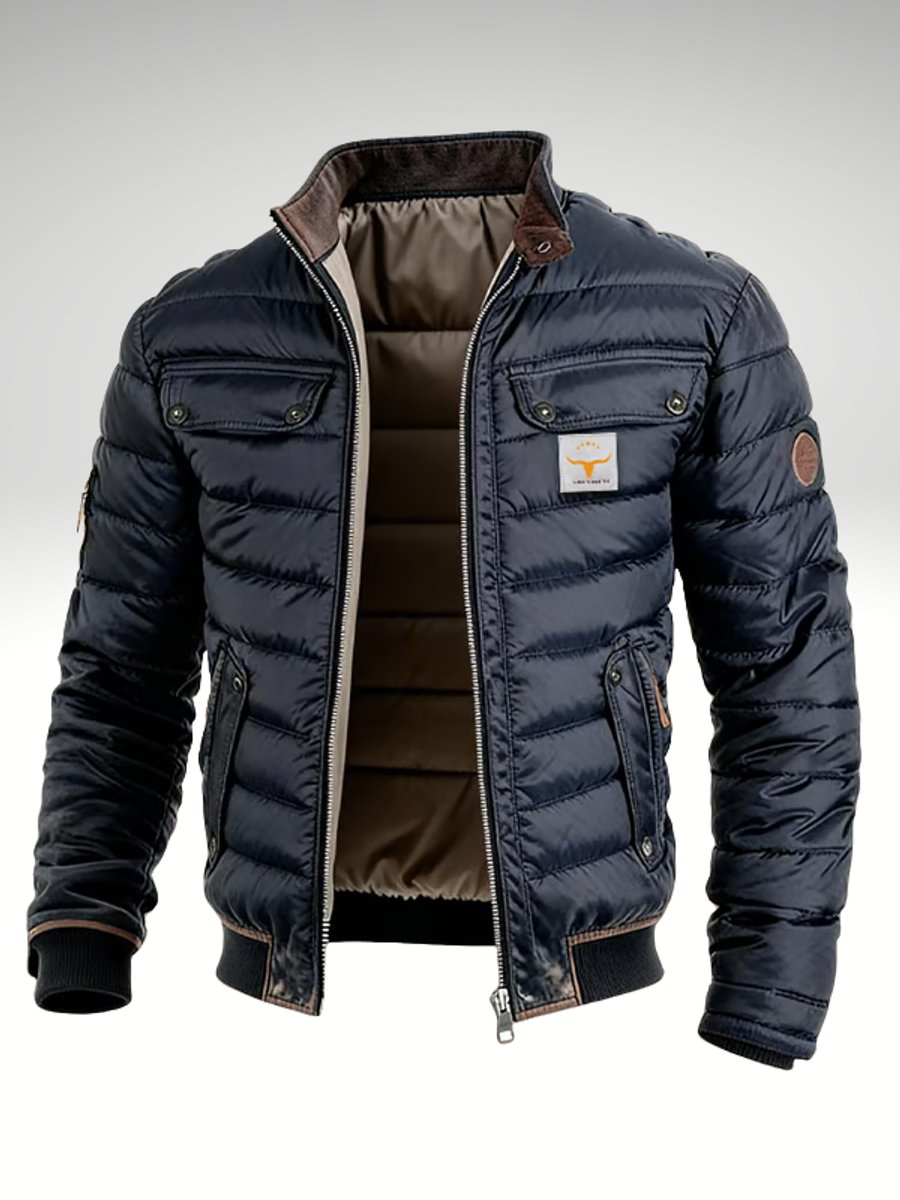 Navy blue quilted puffer bomber jacket with a contrast stand collar, snap-flap chest pockets, and ribbed hem and cuffs.