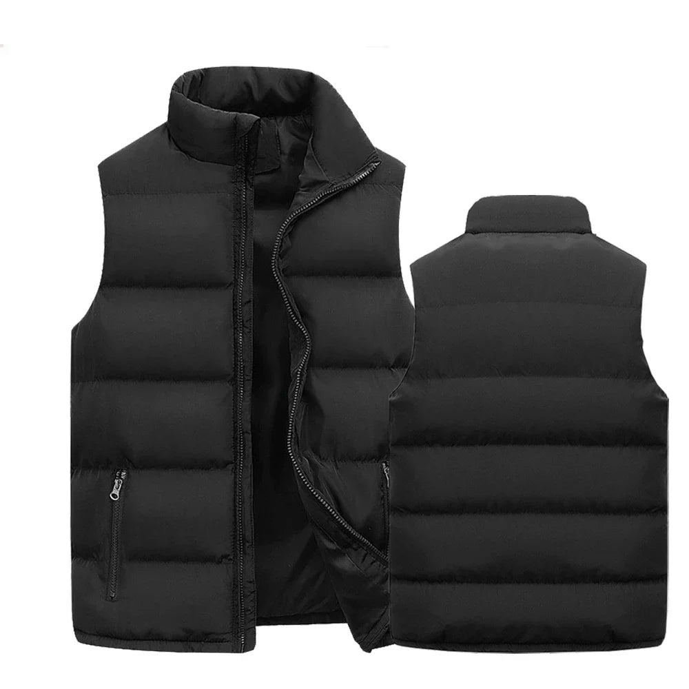 Front and back studio product display of the black channel-quilted puffer vest with stand collar and zip pockets.
