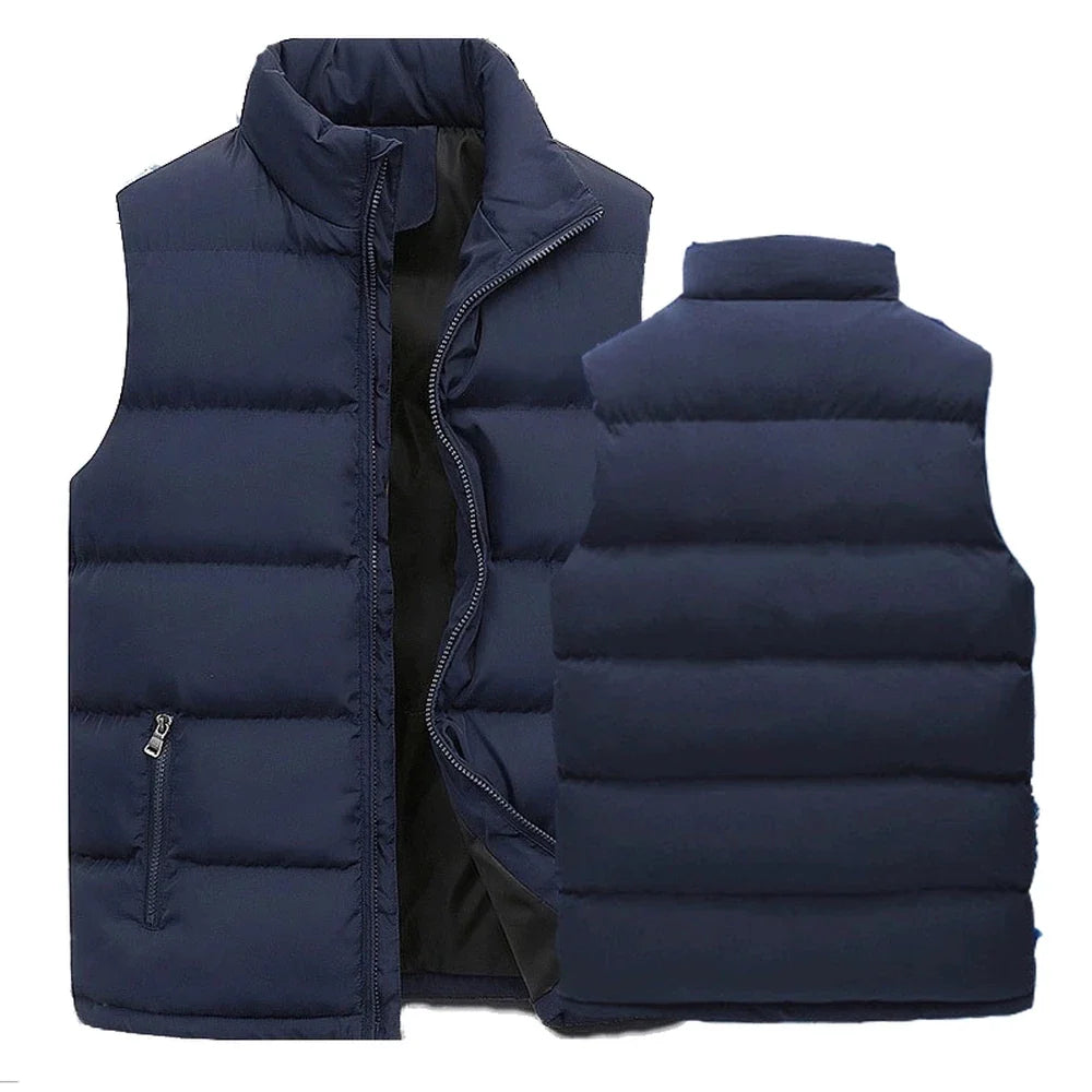 Front and back studio product display of the stand-collar channel-quilted puffer vest in dark navy blue.