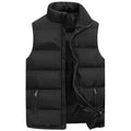 Front product view of a classic black padded puffer vest featuring horizontal channel quilting, a high stand collar, full-zip front, and zippered side pockets.
