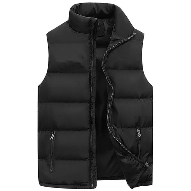 Front product view of a classic black padded puffer vest featuring horizontal channel quilting, a high stand collar, full-zip front, and zippered side pockets.