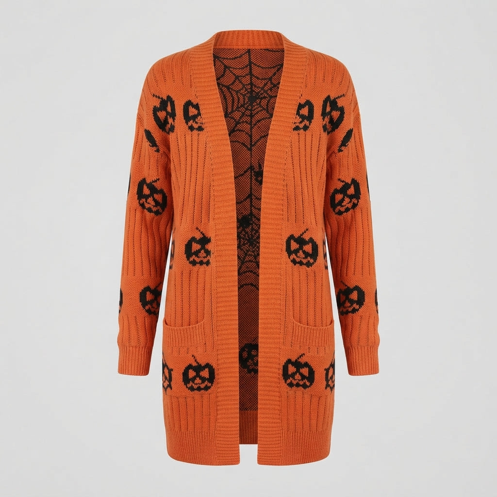 Front product view of the orange open-front longline knit cardigan with black jack-o'-lantern pumpkin motifs and front pockets on a plain background.