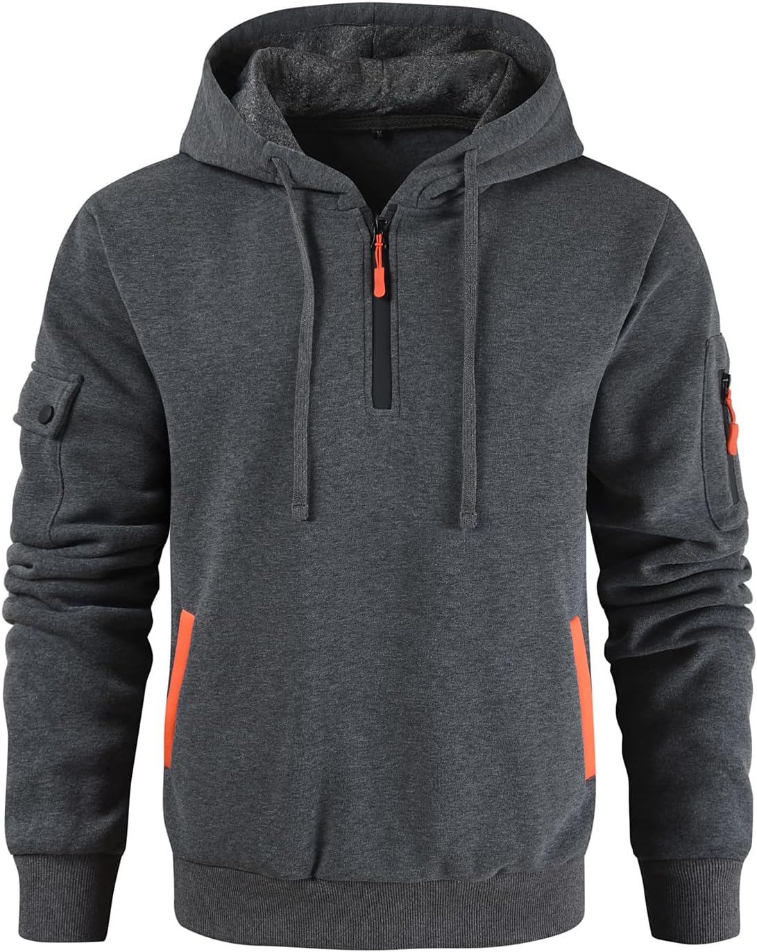 Dark gray quarter-zip hoodie with contrast trim, sleeve utility pocket, and ribbed cuffs shown from the front.
