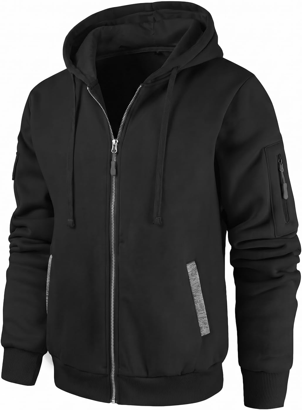 Black quarter-zip hoodie with a sleeve utility pocket and ribbed cuffs shown from the front.