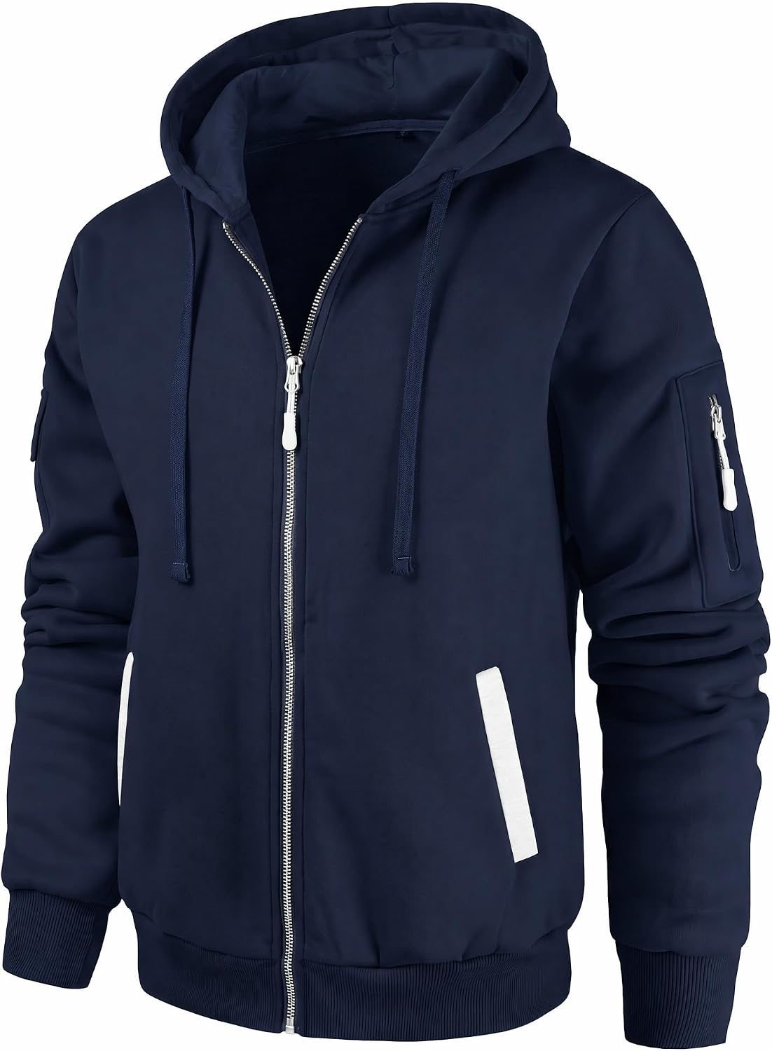 Navy blue quarter-zip hoodie with a sleeve utility pocket and ribbed cuffs shown from the front.