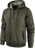Olive green quarter-zip hoodie with a sleeve utility pocket, contrast trim, drawstring hood, and ribbed cuffs shown from the front.