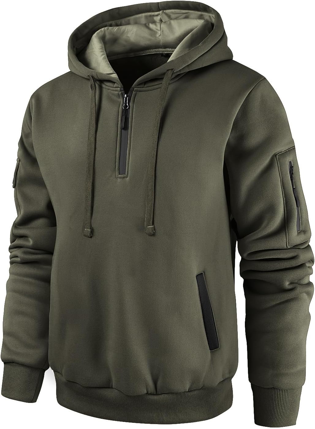Olive green quarter-zip hoodie with a sleeve utility pocket, contrast trim, drawstring hood, and ribbed cuffs shown from the front.