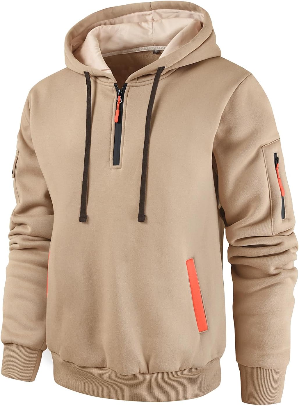 Beige quarter-zip hoodie with contrast trim, sleeve utility pocket, and ribbed cuffs shown from the front.