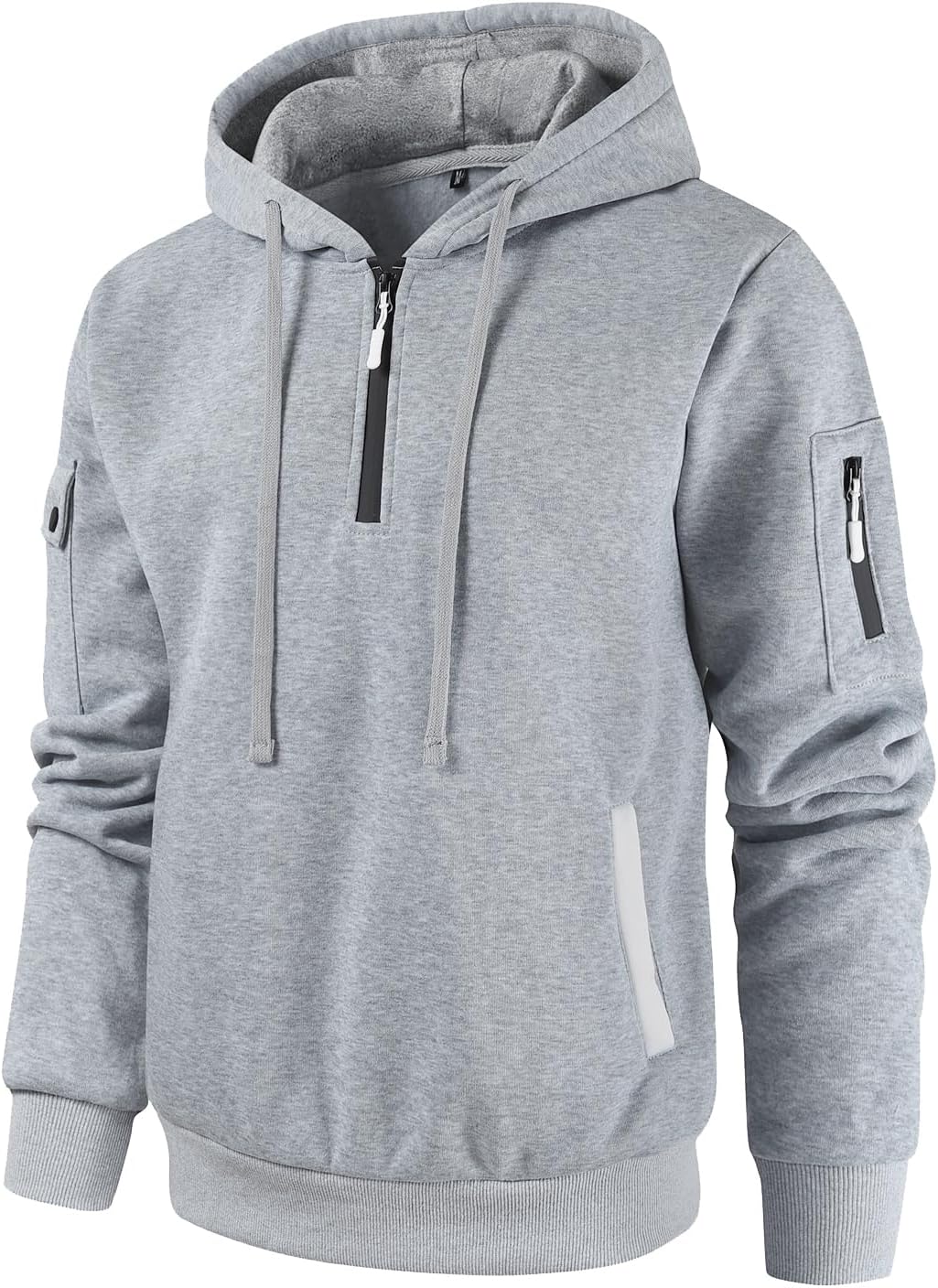 Light gray quarter-zip hoodie with a sleeve utility pocket and ribbed cuffs shown from the front.