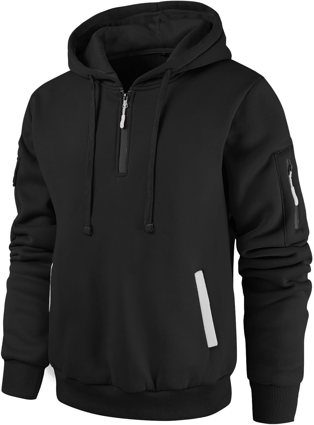 Black quarter-zip hoodie with a sleeve utility pocket and ribbed cuffs shown from the front.