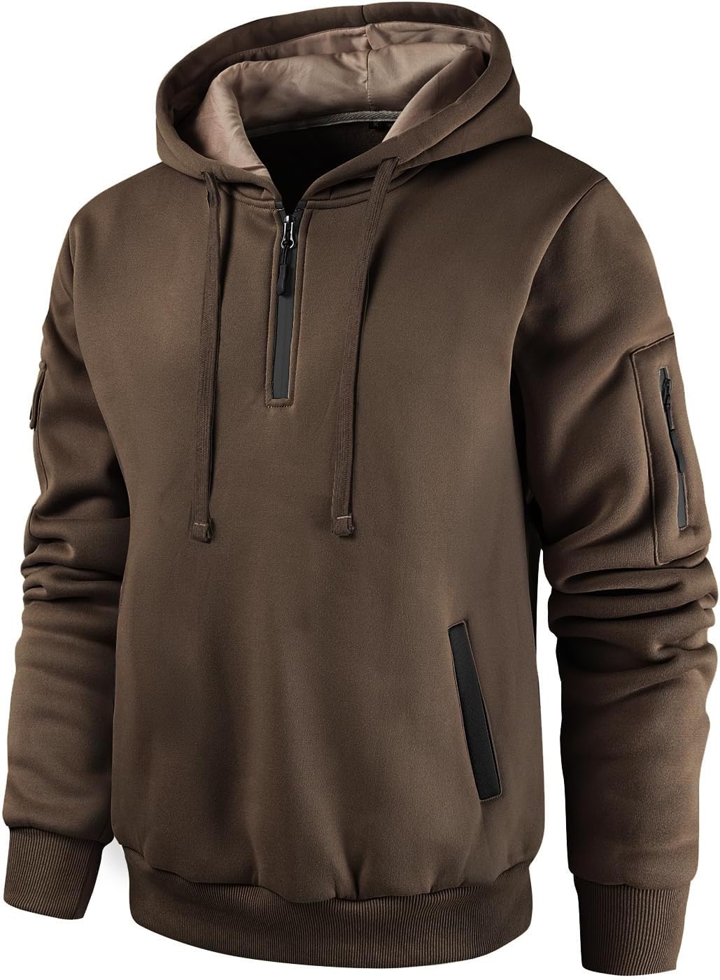 Brown quarter-zip hoodie with a sleeve utility pocket and ribbed cuffs shown from the front.