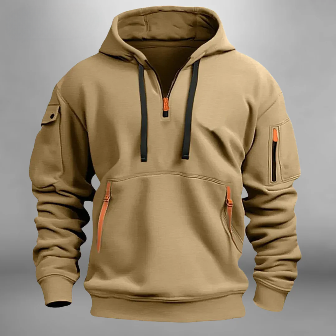 Tan quarter-zip tactical hoodie with multiple utility pockets and ribbed cuffs shown from the front.