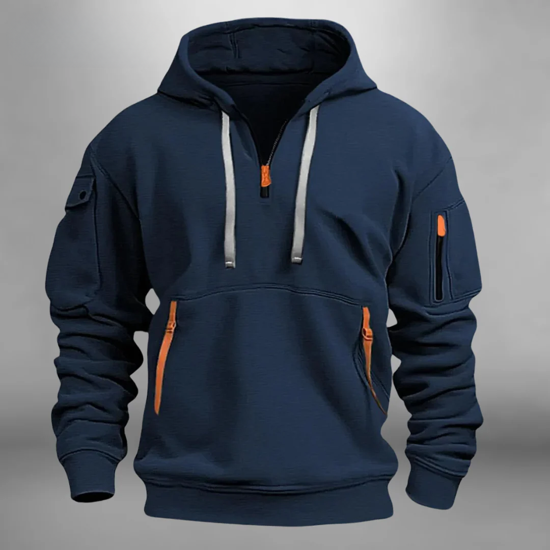 Navy blue quarter-zip tactical hoodie with multiple utility pockets and ribbed cuffs shown from the front.