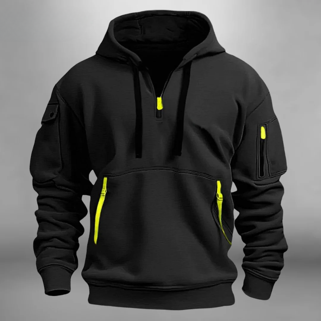Black quarter-zip tactical hoodie with multiple utility pockets, contrast zipper details, and ribbed cuffs shown from the front.
