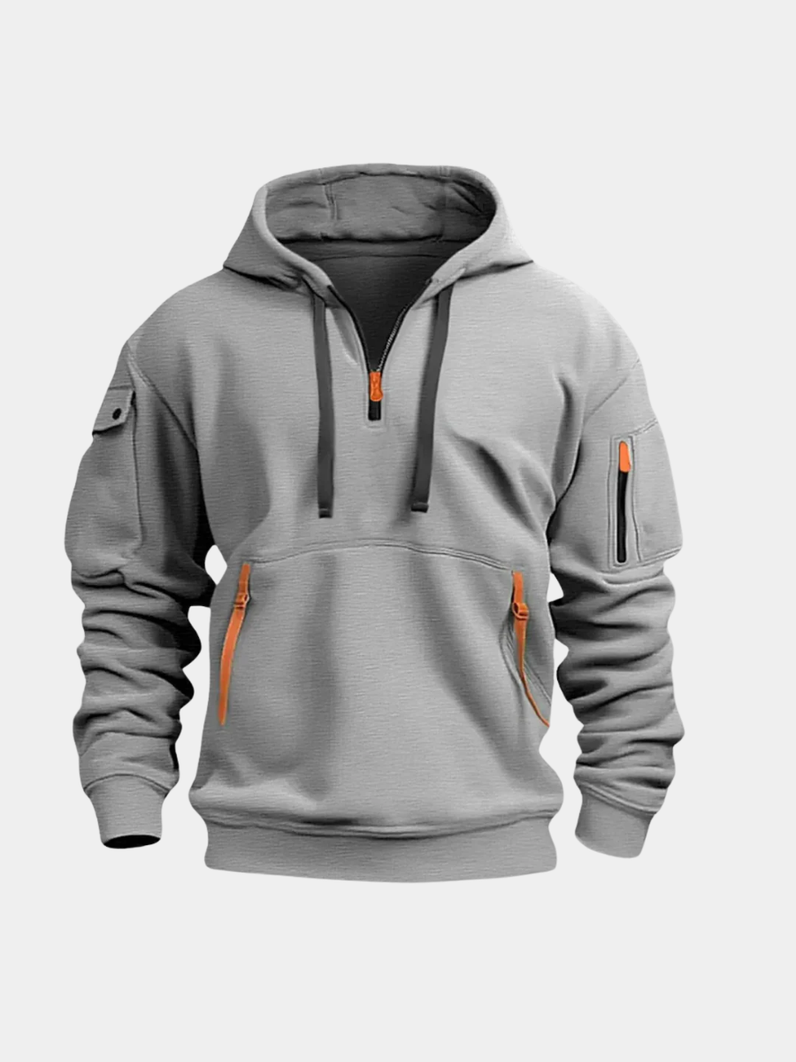 Gray quarter-zip tactical hoodie with multiple utility pockets and ribbed cuffs shown from the front.