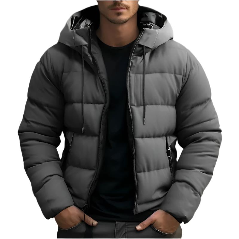 Gray quilted puffer jacket with a drawcord hood, horizontal stitching, and vertical zip pockets in a tailored fit.