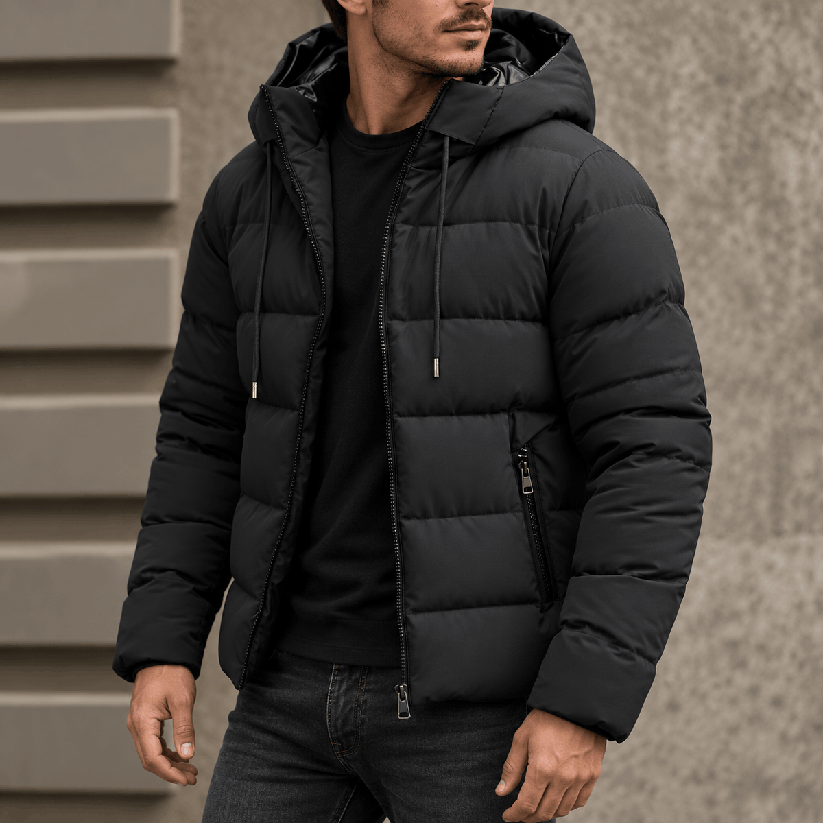 Black quilted puffer jacket with a drawcord hood, vertical zip pockets, and a tailored hip-length fit.