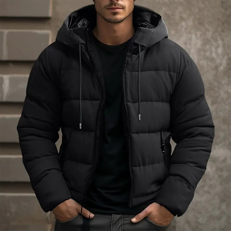Black quilted puffer jacket with a drawcord hood, horizontal stitching, and vertical zip pockets in a tailored fit.