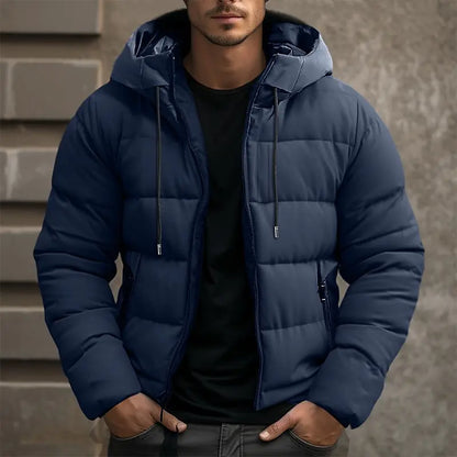 Navy blue quilted puffer jacket with a drawcord hood, horizontal stitching, and vertical zip pockets in a tailored fit.