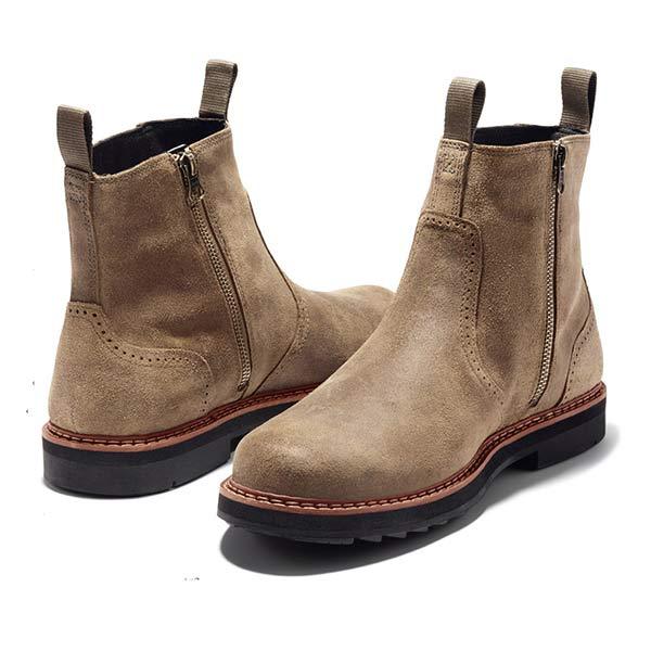 Pair of tan suede Chelsea boots displayed together, showing the side panels and rear pull tabs.