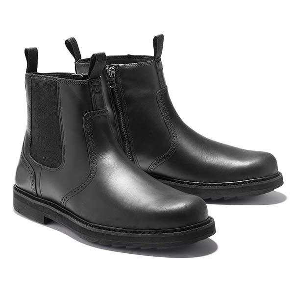 Pair of black Chelsea boots with elastic side panels, pull tabs, smooth uppers, and rubber soles.