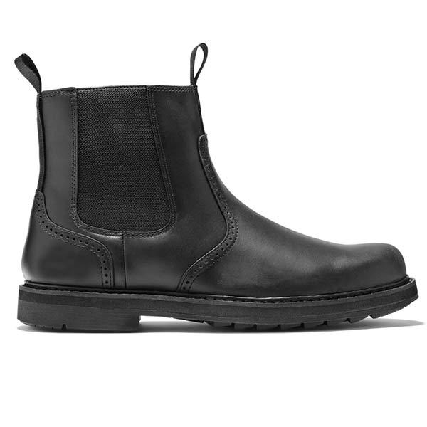 Black Chelsea boot showing the elastic side panel and low-profile rubber sole.