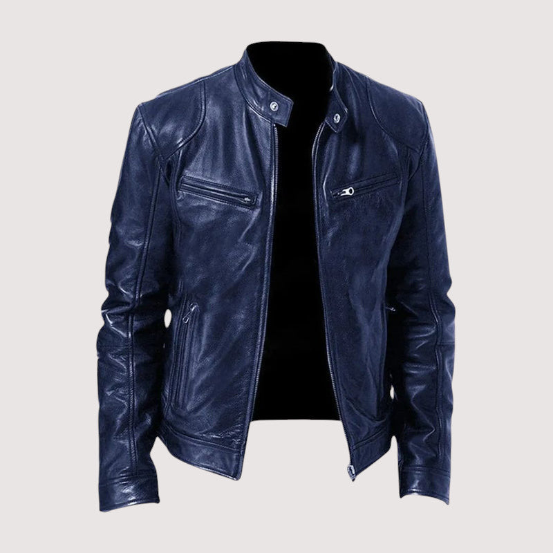 Navy blue leather moto jacket with a stand collar, snap-button neck, and zippered chest pockets.