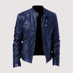 Navy blue leather moto jacket with a stand collar, snap-button neck, and zippered chest pockets.