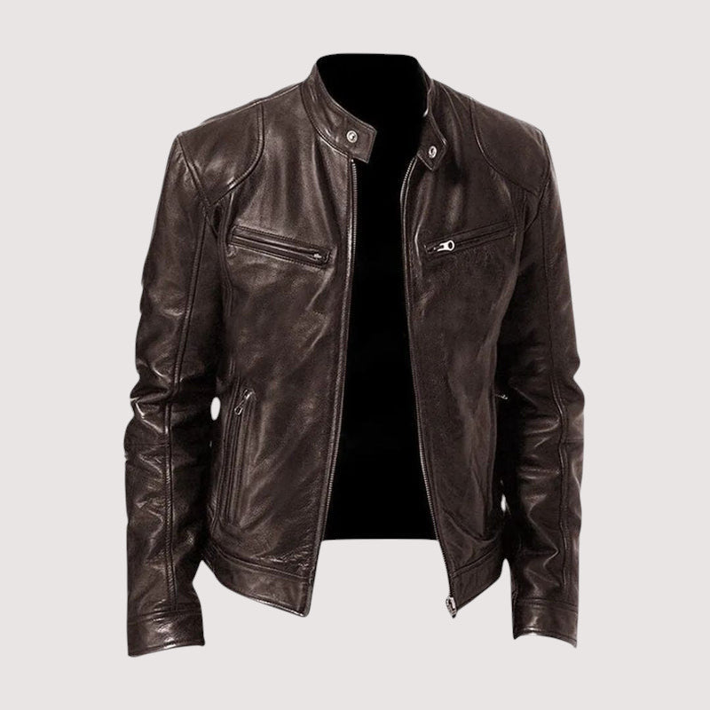 Dark brown leather moto jacket with a structured silhouette, stand collar, snap-button neck, and zippered chest pockets.