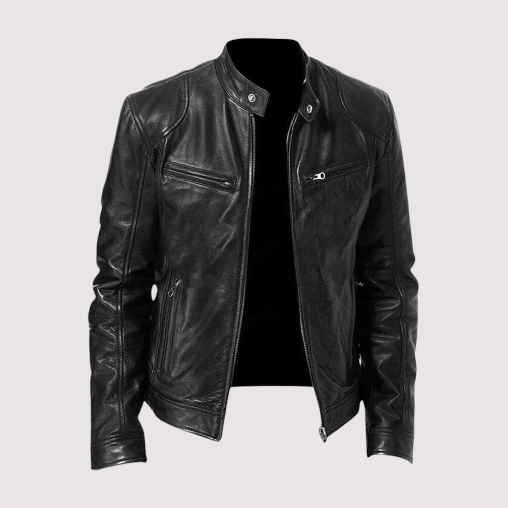 Black leather moto jacket with a structured stand collar, zip-front closure, and zippered chest pockets.