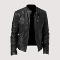 Black leather moto jacket with a structured stand collar, zip-front closure, and zippered chest pockets.