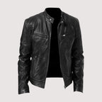 Black leather moto jacket with a structured stand collar, zip-front closure, and zippered chest pockets.