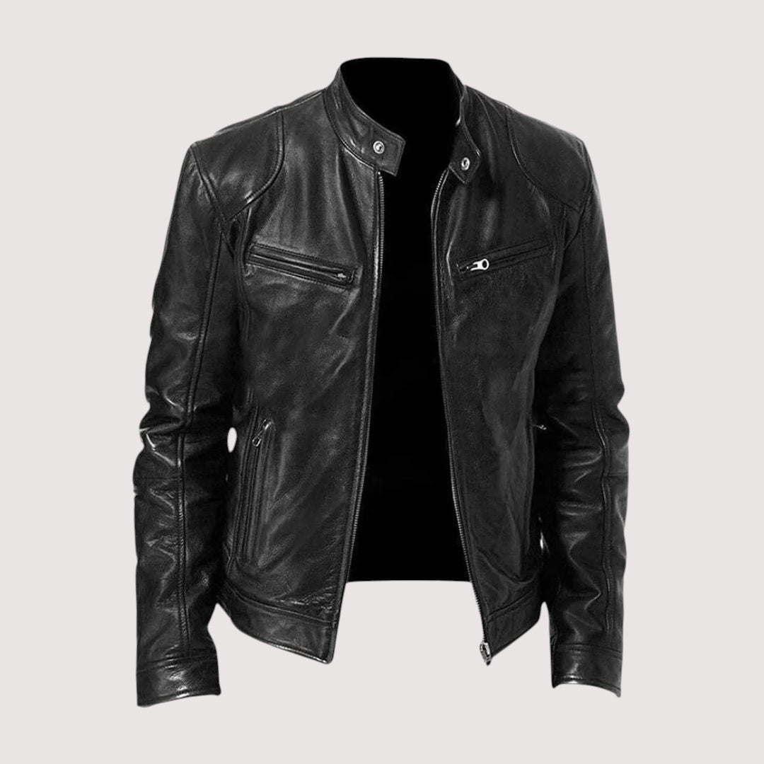 Black leather moto jacket with a structured stand collar, zip-front closure, and zippered chest pockets.