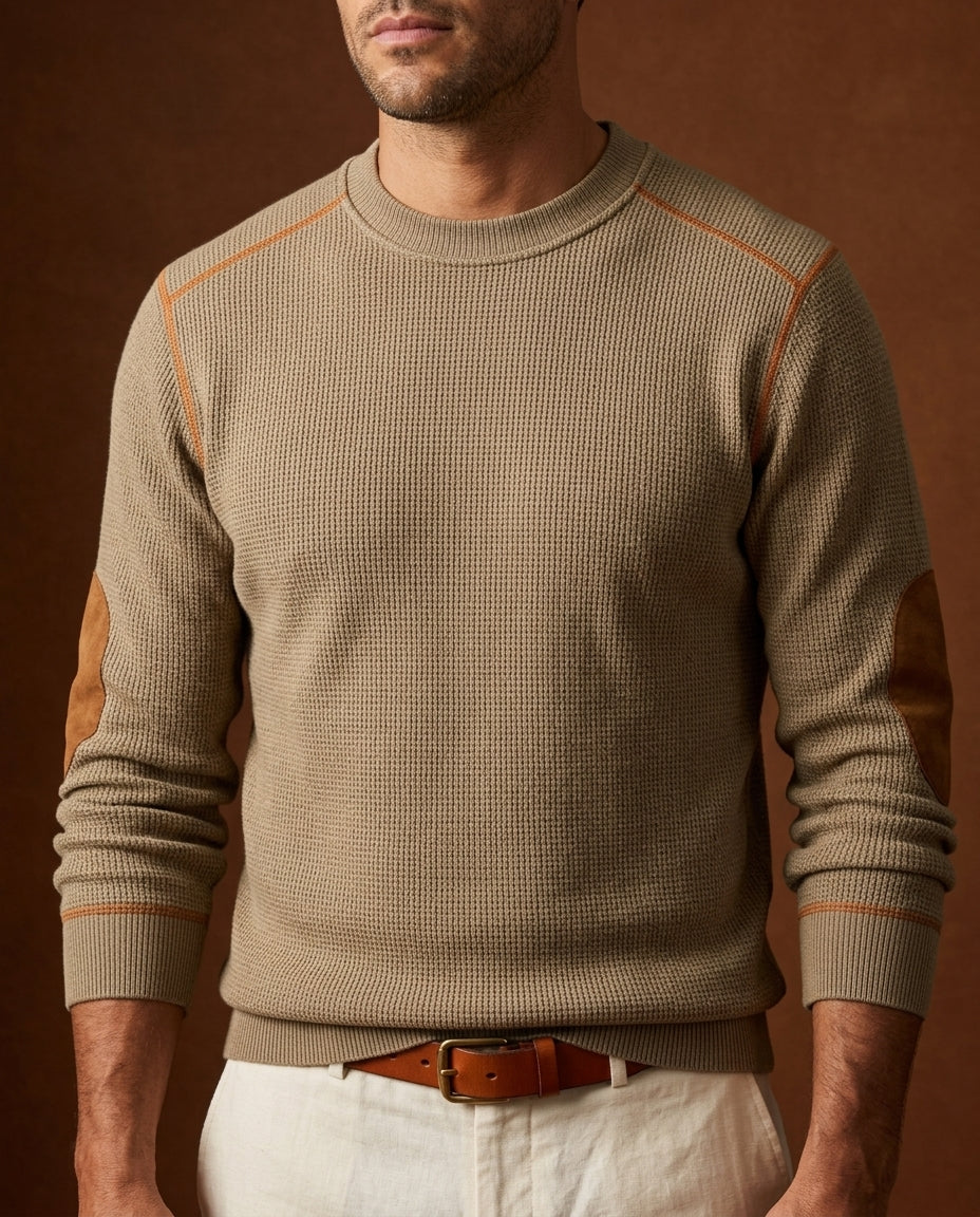 Khaki textured crew neck knit sweater featuring contrast shoulder trim, long sleeves, and ribbed cuffs for a smart casual look.