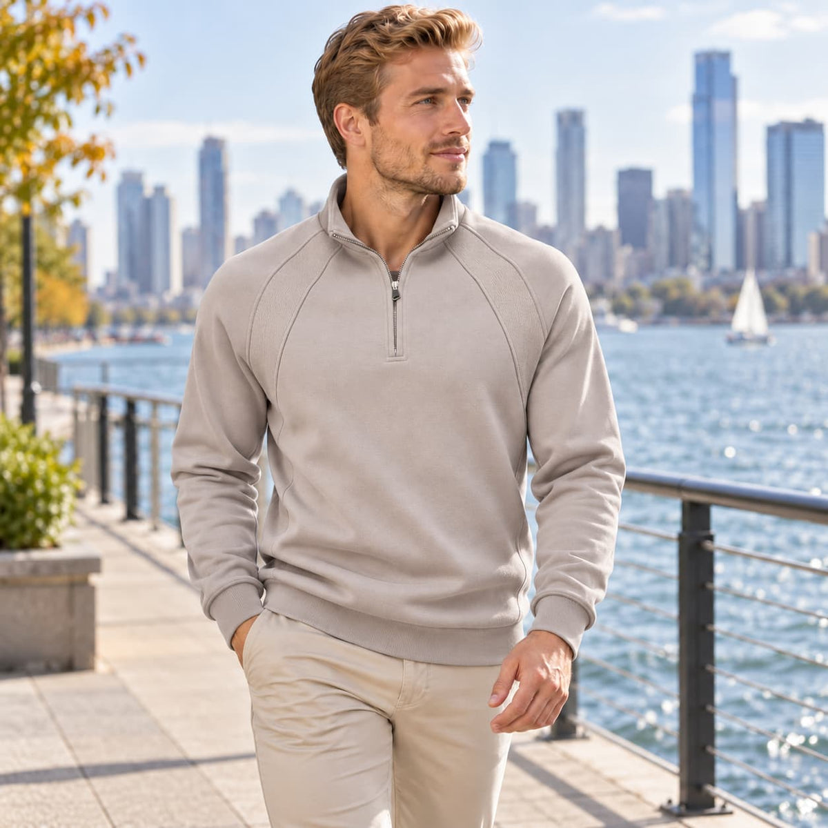 A male model wearing a beige raglan quarter-zip sweatshirt with a stand collar, photographed outdoors by a waterfront.
