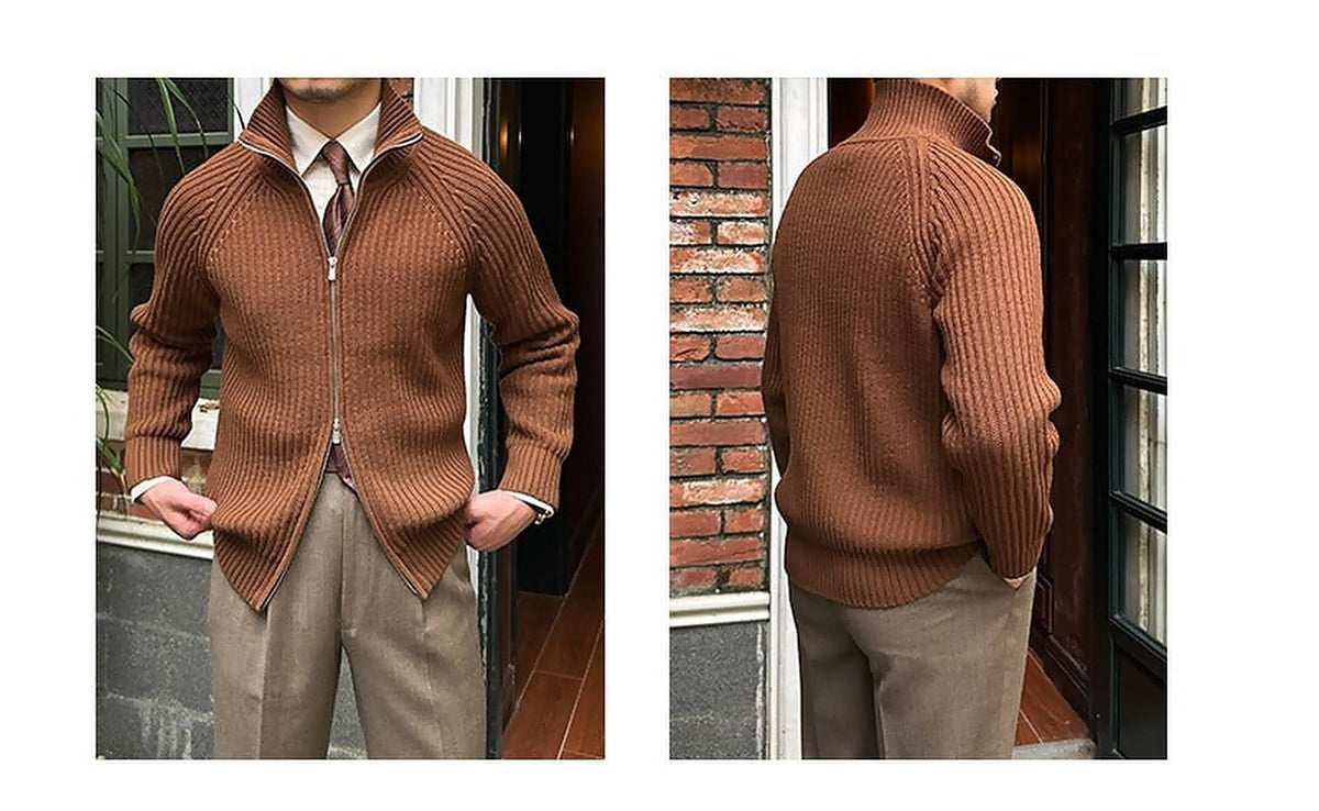 Brown linen-blend knit cardigan with a ribbed texture, full-zip front, and high collar layered over a collared shirt.