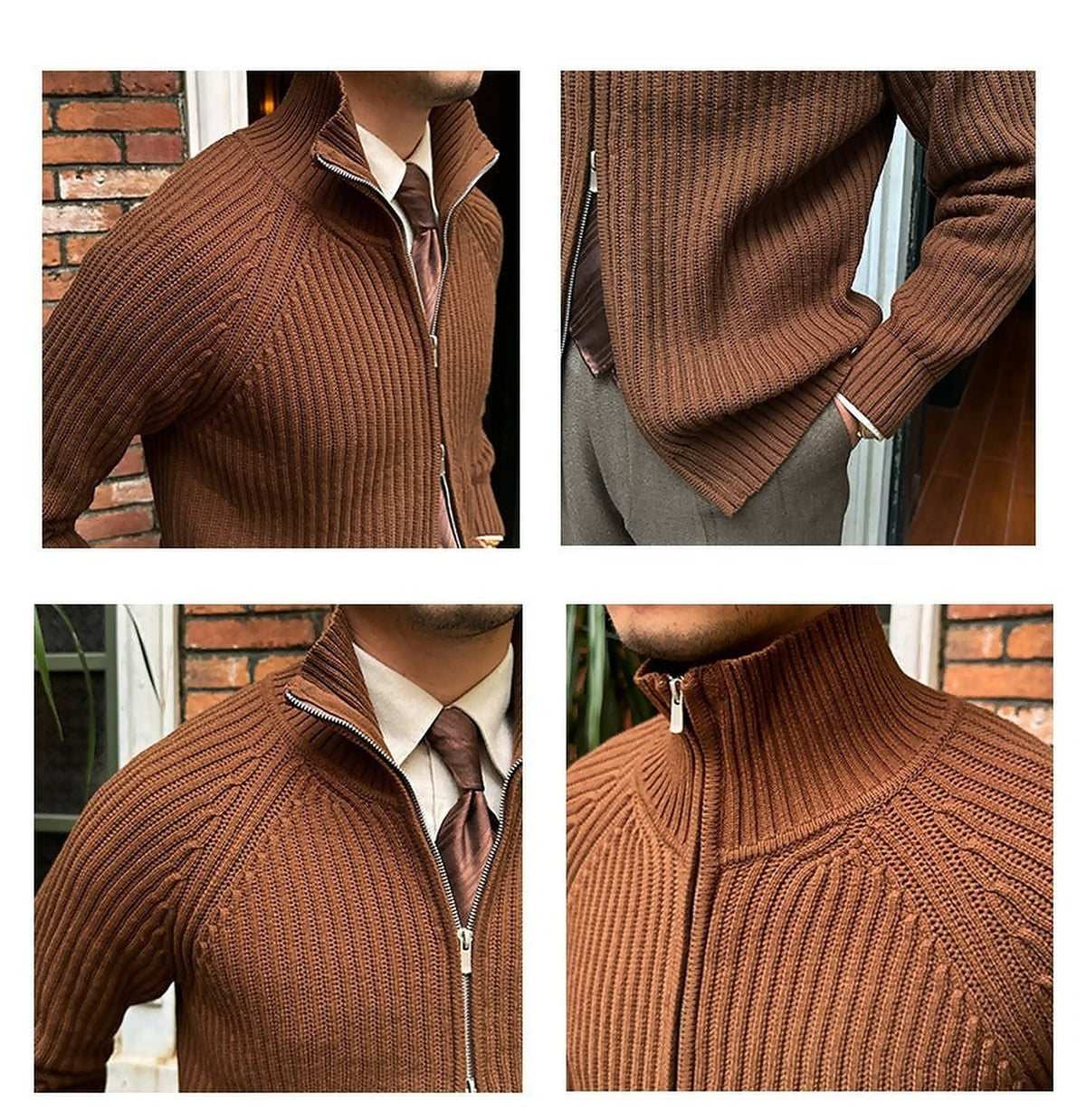Brown linen-blend knit cardigan with a zip front, ribbed mock neck, and cuffs layered over a collared shirt and tie.