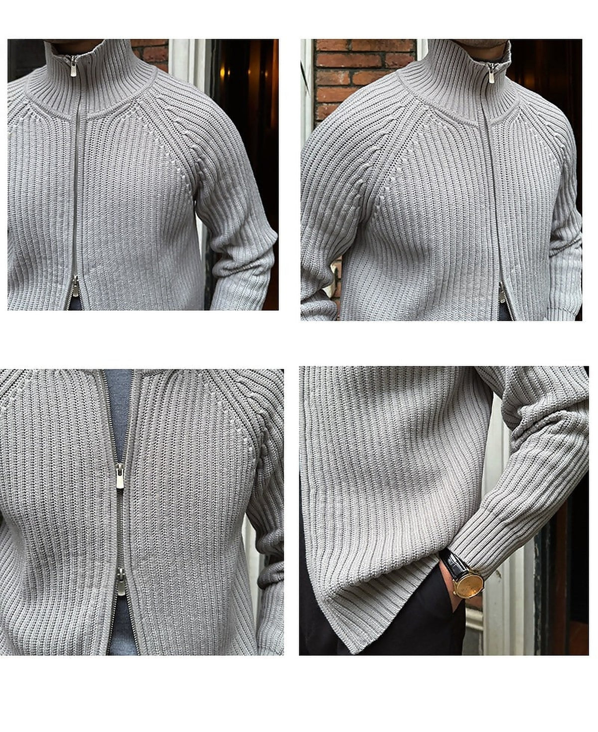 Light gray linen-blend knit cardigan with a full-zip front, ribbed mock neck, and relaxed fit for easy layering.