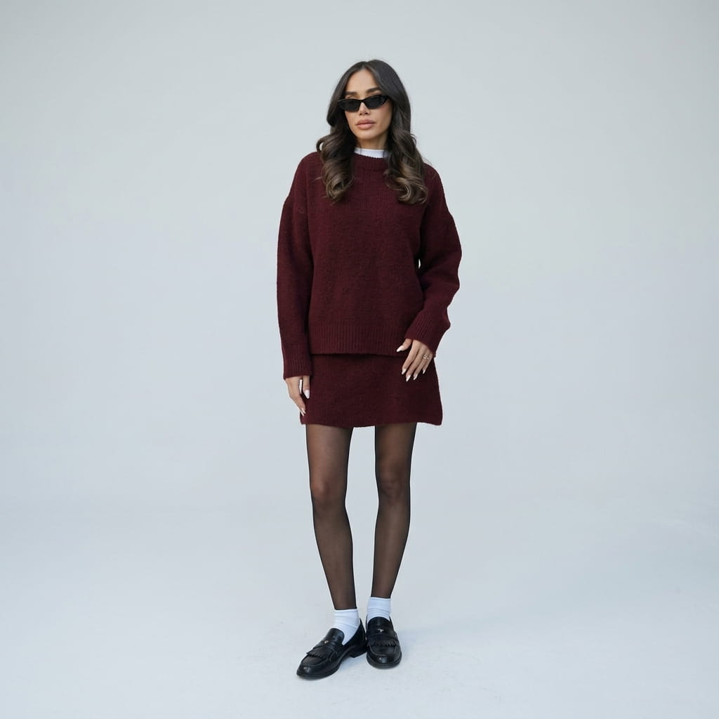 Full-length front view of a model wearing the dark red oversized crewneck knit sweater and mini skirt set with sunglasses, sheer tights, white socks, and black loafers.