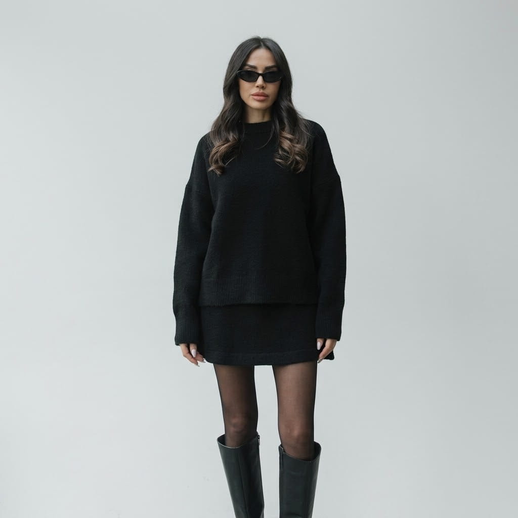 Full-length front view of a model wearing the relaxed knit sweater and mini skirt set in black, styled with sunglasses, sheer tights, and knee-high boots.