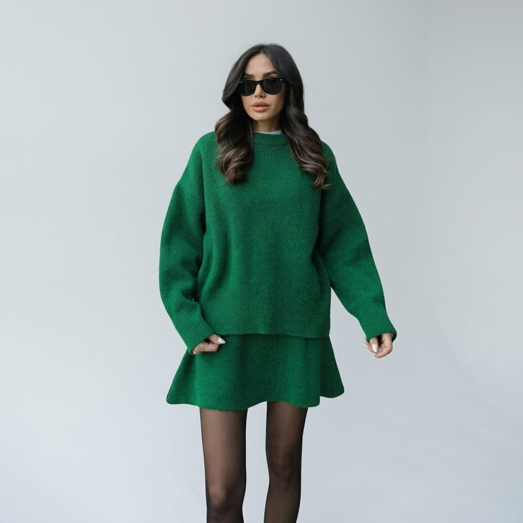 Full-length front view of a model wearing the relaxed knit sweater and draping mini skirt set in vibrant green.